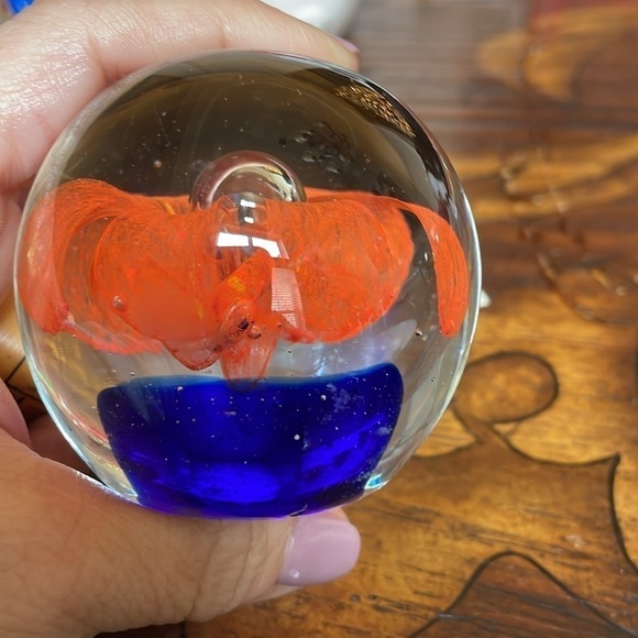 Glass Paperweight Hand Blown Orange Royal Blue Flower Round Vintage - Picture 2 of 7